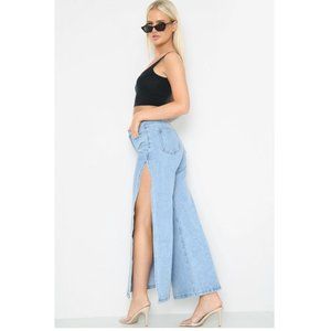 (NWT) Side Slit High Waist Wide Leg Jeans - Blue